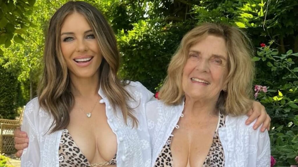 Liz Hurley, 60, and her mother Angela, 85, pose leopard print swimwear