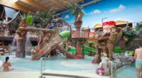 Children's water play area with whimsical tree and mushroom sculptures.