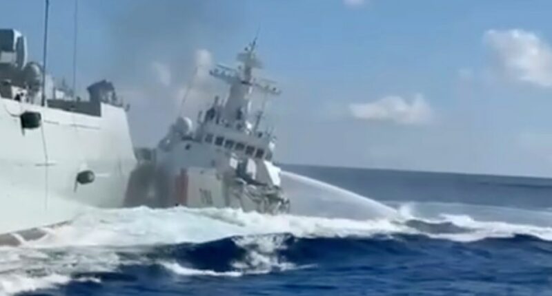 Damaged Chinese Coast Guard ship and Chinese Navy vessel after collision near Scarborough Shoal.