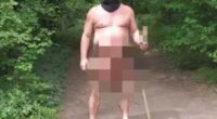 A nude man wearing a balaclava and clogs holds a sex toy on a stick in a wooded area.