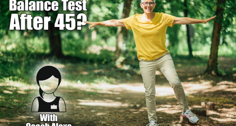 Balancing exercise outdoors. Mature woman standing on one leg, exercising balance. Over 45? If You Can Master These 5 Balance Tests, You