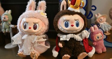 Mokoko and Labubu dolls at a Pop Mart exhibition.