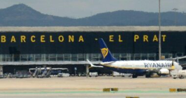 Ryanair plane at Barcelona-El Prat Airport.