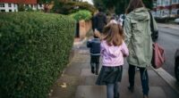 Family walking children to school.
