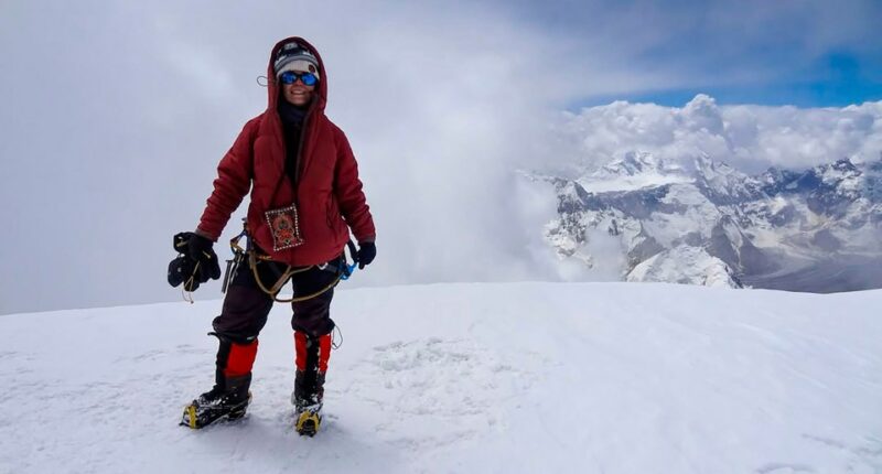 Mountain climber on a snowy peak.