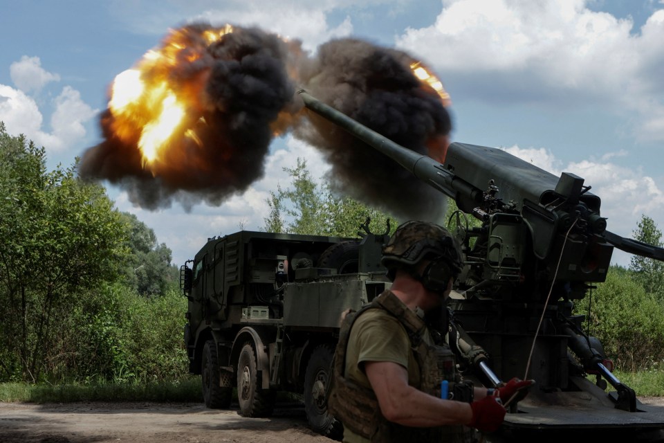 A 2S22 Bohdana self-propelled howitzer firing.