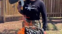 Woman burning a Quran with a flamethrower.
