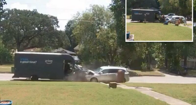 Shocking moment sleeping driver slams head-on into Amazon van with delivery worker inside
