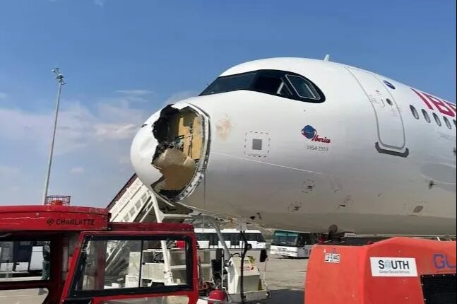 Airbus A321neo XLR with bird strike damage to nose.