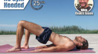 Concept: sport. Attractive blond man with long hair collected with a beard. Doing pilates and yoga outdoors. Pelvic tilt to pelvic curl pose. The 21-Day Bodyweight Challenge to Build Lean Muscle in Record Time. Cover.