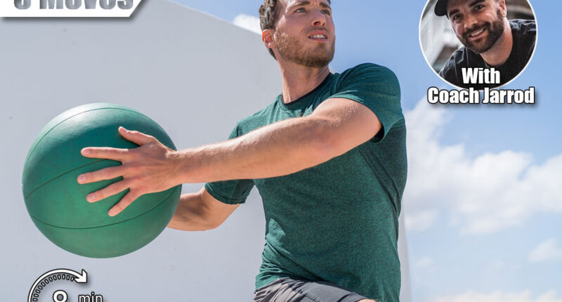 Fitness man training at gym working out legs and abs doing lunges twisting the torso for core workout with medicine ball weight. Full body workout.The 3 Core Moves That Make You Feel Decades Younger After 50. Cover