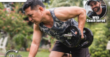 A fit and healthy asian man exercises outdoors at his home, doing one arm dumbbell rows on a bench.The 4 Strength Moves Every Man Over 50 Needs for Longevity. Cover