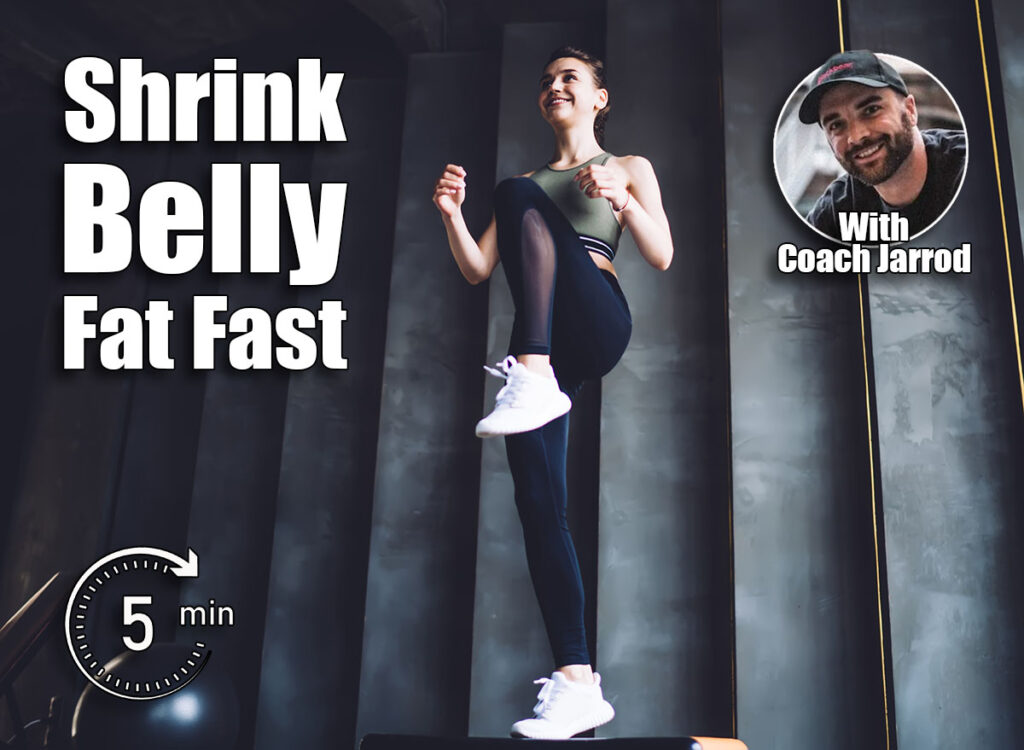 From below of full body slim cheerful female in sportswear doing high knee march step exercise in light spacious gym during workout. The 5-Minute Morning Routine That Shrinks Belly Fat Fast After 50. Cover