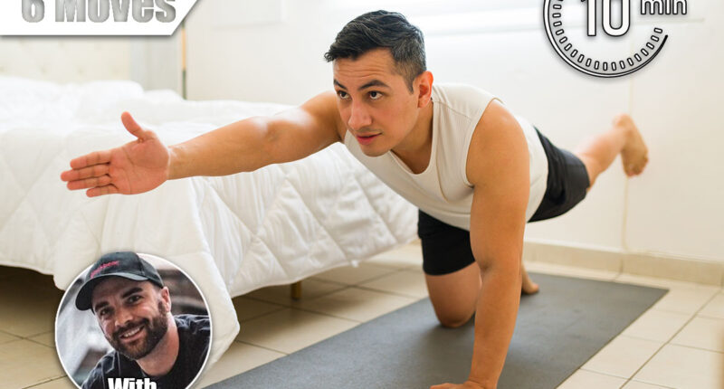 Hispanic man showing strength in yoga bird dog pose, stretching arm and leg on exercise mat in the morning. The 6 Best Strength Moves Every Person Over 50 Needs to Build Now. Cover