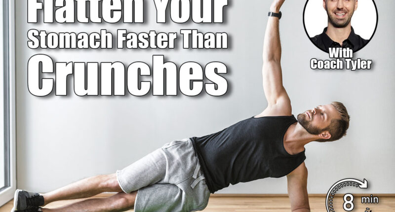 Handsome young man working out at home with a smart watch. These 3 Floor Exercises Flatten Your Stomach Faster Than Crunches After 45. Cover