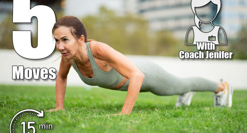Portrait active woman doing push-up exercise on green grass in urban park. These 5 Everyday Moves Keep Me Strong in My 50s. Cover