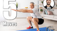 Home workout concept. Happy senior man in sportswear doing squats indoors in living room interior. Positive man exercising her legs on domestic training during coronavirus isolation. These 5 Simple Exercises Burn More Calories Than an Hour of Cardio. Cover