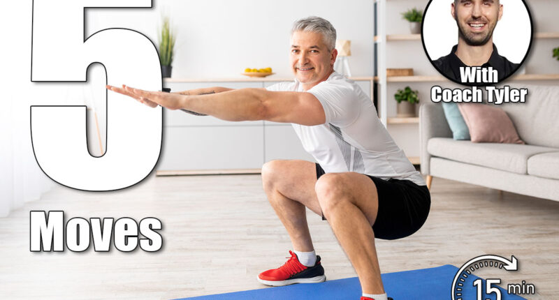 Home workout concept. Happy senior man in sportswear doing squats indoors in living room interior. Positive man exercising her legs on domestic training during coronavirus isolation. These 5 Simple Exercises Burn More Calories Than an Hour of Cardio. Cover