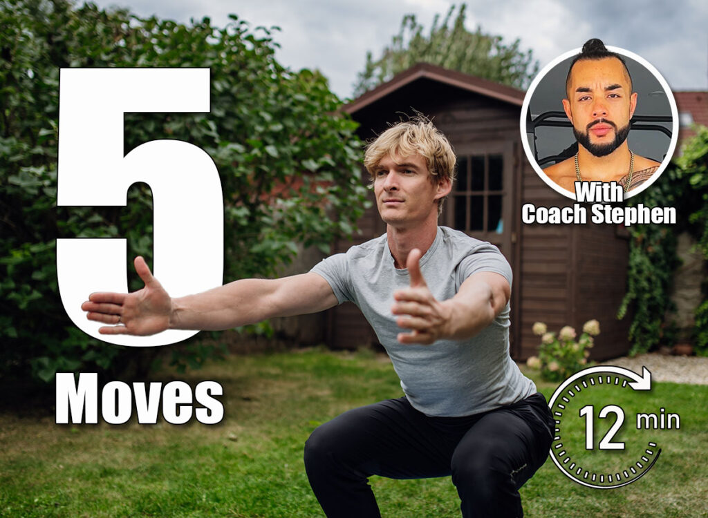 Middle aged man exercising outdoors in garden, doing squats. Concept of workout routine at home. This 12-Minute Morning Routine Builds More Strength Than 45 Minutes at the Gym After 40. Cover