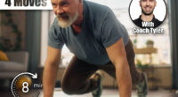 Strong Athletic Fit Middle Aged Man Doing Mountain Climber Exercises During Morning Workout at Home in Bright Apartment. Healthy Lifestyle, Fitness, Recreation, Wellbeing and Retirement. This 8-Minute Routine Burns More Fat Than 30 Minutes of Cardio After 40. Cover