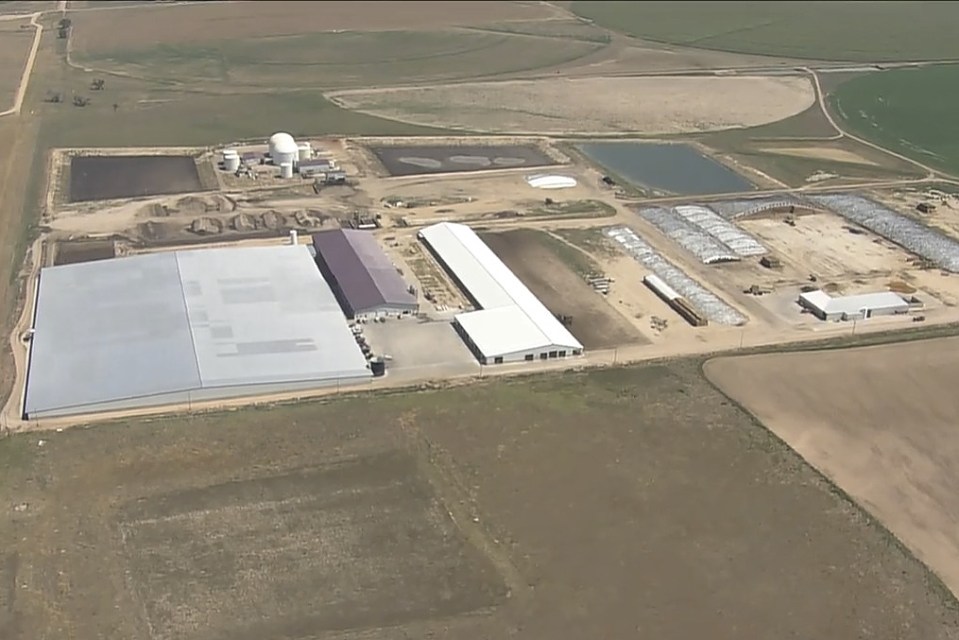 Aerial view of a dairy farm in Keenesburg, Colorado.