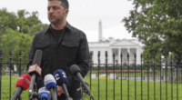 Volodymyr Zelenskyy giving a press conference outside the White House.