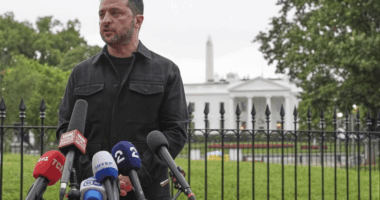 Volodymyr Zelenskyy giving a press conference outside the White House.