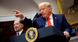 President Donald Trump speaking at a podium, pointing.