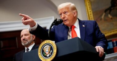 President Donald Trump speaking at a podium, pointing.