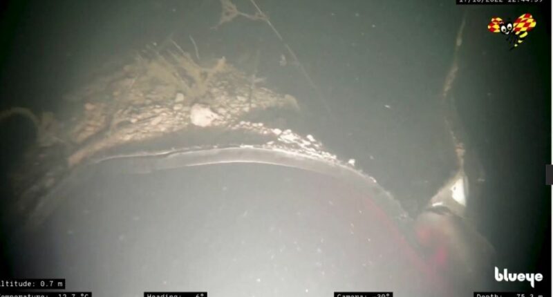 Underwater view of a damaged pipe.