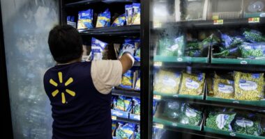 Walmart employee stocking frozen vegetables.