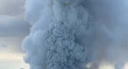 Volcanic ash plume causing a red alert for airplanes.