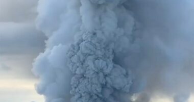 Volcanic ash plume causing a red alert for airplanes.