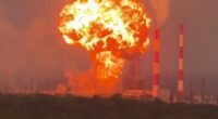Footage of Ukrainian drones striking an oil refinery.