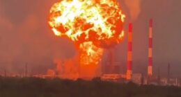 Footage of Ukrainian drones striking an oil refinery.