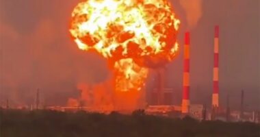 Footage of Ukrainian drones striking an oil refinery.