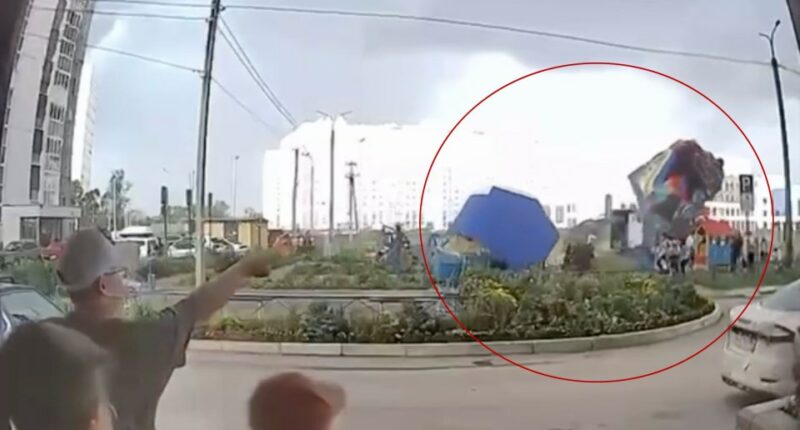 Bouncy castle with children inside lifted into the air by strong winds.