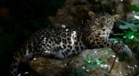 Persian leopard resting on rocks.