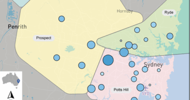 A map of water tested in Sydney by researchers at UNSW, looking for PFAS or 'forever chemicals'.