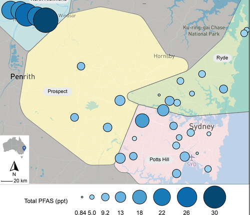 A map of water tested in Sydney by researchers at UNSW, looking for PFAS or 'forever chemicals'.