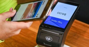Someone makes a payment using their phone.