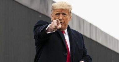 US President Donald Trump points to a member of the audience.