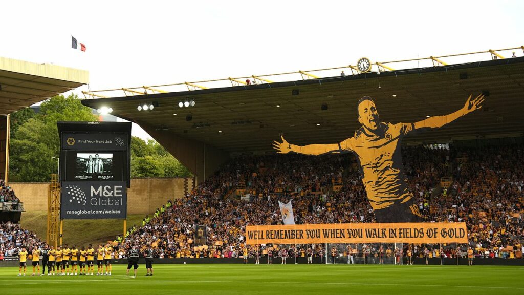 Diogo Jota's emotional widow takes in Wolves' incredible tributes to Liverpool star as his ex team-mates fight back tears during minute's applause