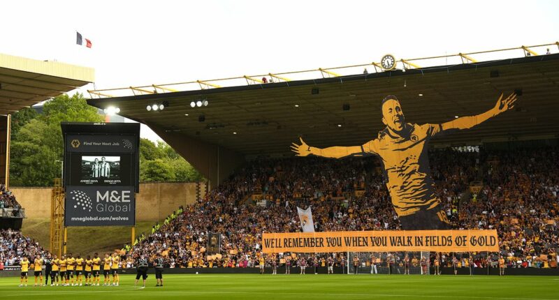 Diogo Jota's emotional widow takes in Wolves' incredible tributes to Liverpool star as his ex team-mates fight back tears during minute's applause