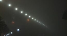 Sydney Harbour Bridge is barely visible after a thick blanket of fog has settled over the city. Picture taken on Tuesday August 5, 2025.