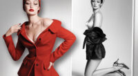 Gigi Hadid looks stunning in  bright red suit jacket and matching pencil skirt for high fashion shoot