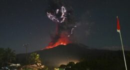 Mount Lewotobi Laki-Laki during an eruption