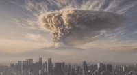 A screenshot of an AI video released by Japan's government, warning of the impacts on Tokyo if Mount Fuji was to erupt.