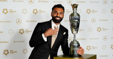 Mo Salah named PFA Player of the Year for a THIRD time after firing Liverpool to glory as he joins Premier League royalty at awards in Manchester with Alexander Isak a no-show
