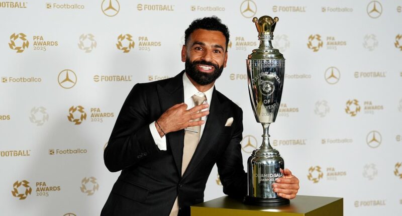Mo Salah named PFA Player of the Year for a THIRD time after firing Liverpool to glory as he joins Premier League royalty at awards in Manchester with Alexander Isak a no-show